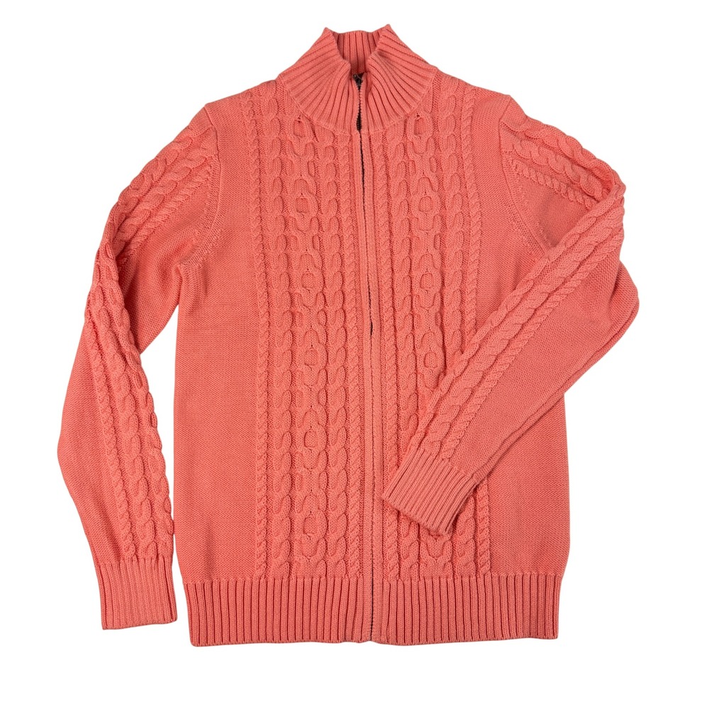 L.L.Bean Womens Medium‎ Cable Knit Cardigan Coral Pink Full Zip Cotton Sweater